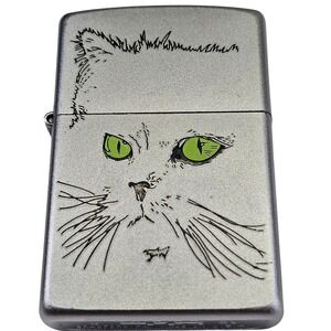 Zippo 250 Spg Cat Green Eyes Lighter Silver Good 2001 Vintage Etched Feline